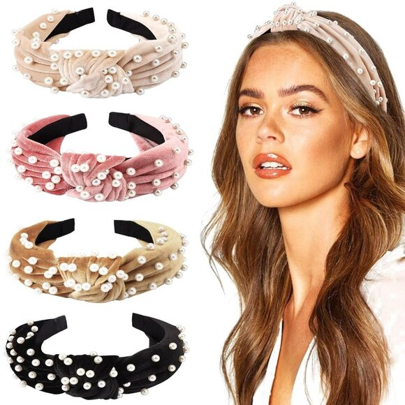 Accessories - 4 Pack Velvet Pearl Headbands for Women Girls Bow Turban Vintage Boho Head Bands